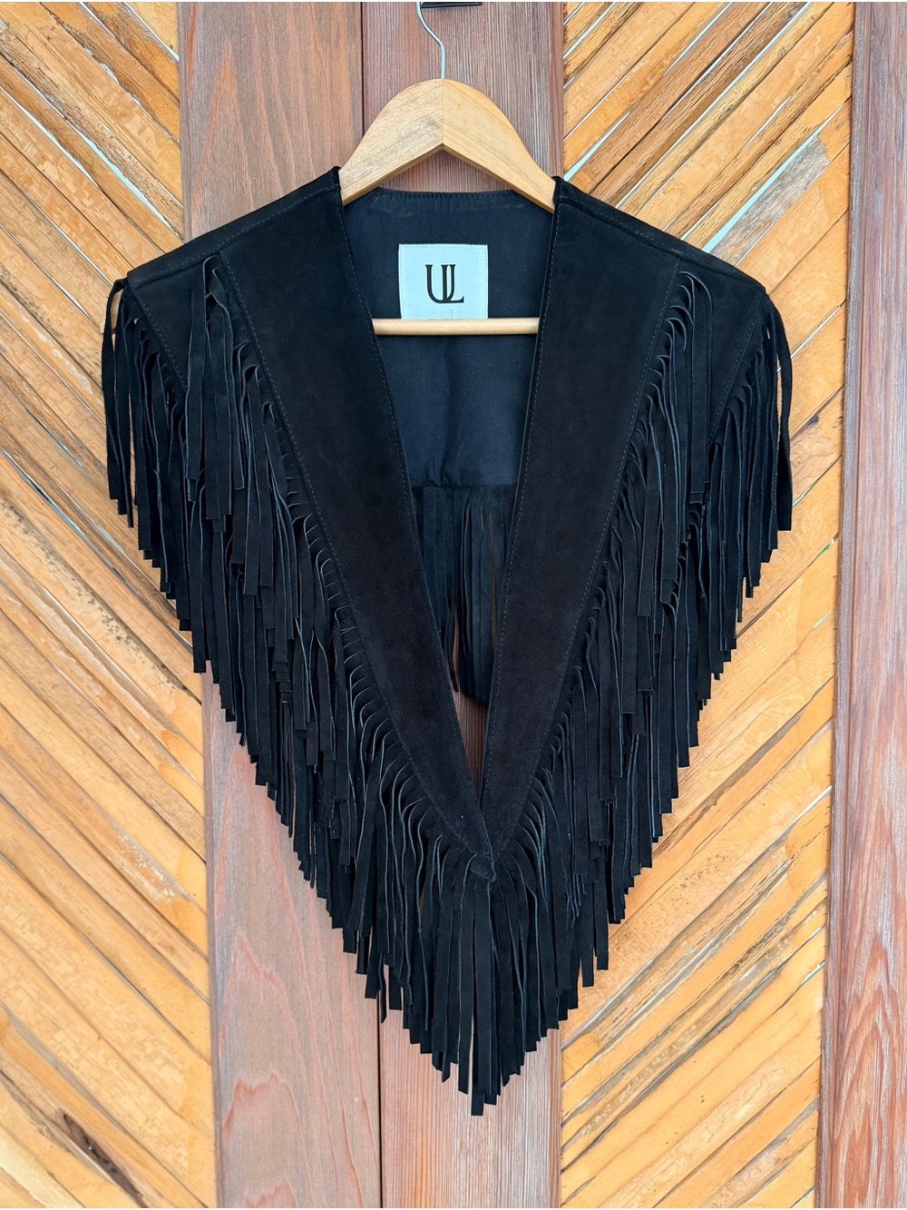 Fringed Suede Shawl Collar Sweater Vest - Black